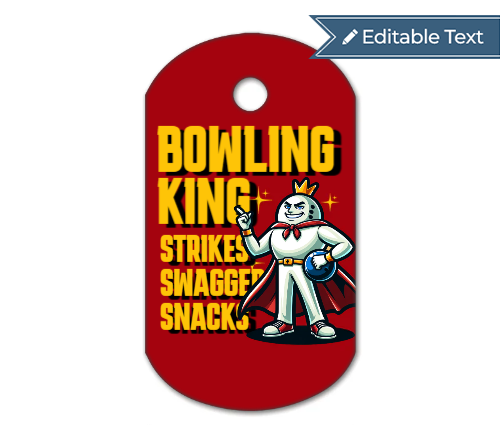 Red tag with cartoon character and text 'Bowling King Strikes Swagga Snacks' on a white background