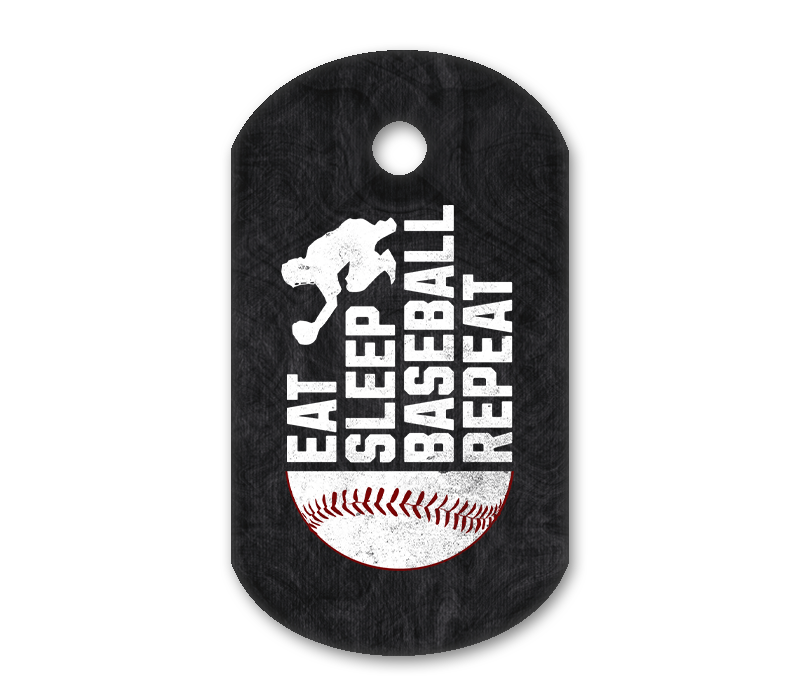 Black dog tag with a baseball design and 'Eat Sleep Baseball Repeat' text on a white background