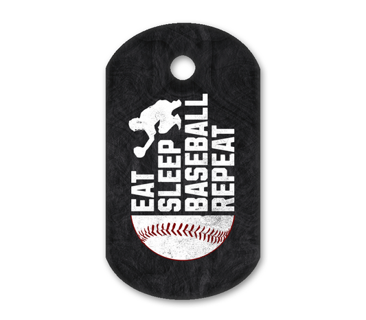 Black dog tag with a baseball design and 'Eat Sleep Baseball Repeat' text on a white background