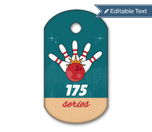 Customizable bowling tag with a red bowling ball and white pins on a teal and beige background.