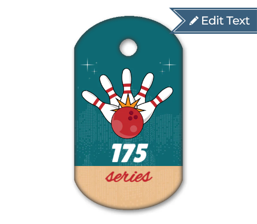 Customizable bowling tag with a red bowling ball and white pins on a teal and beige background.