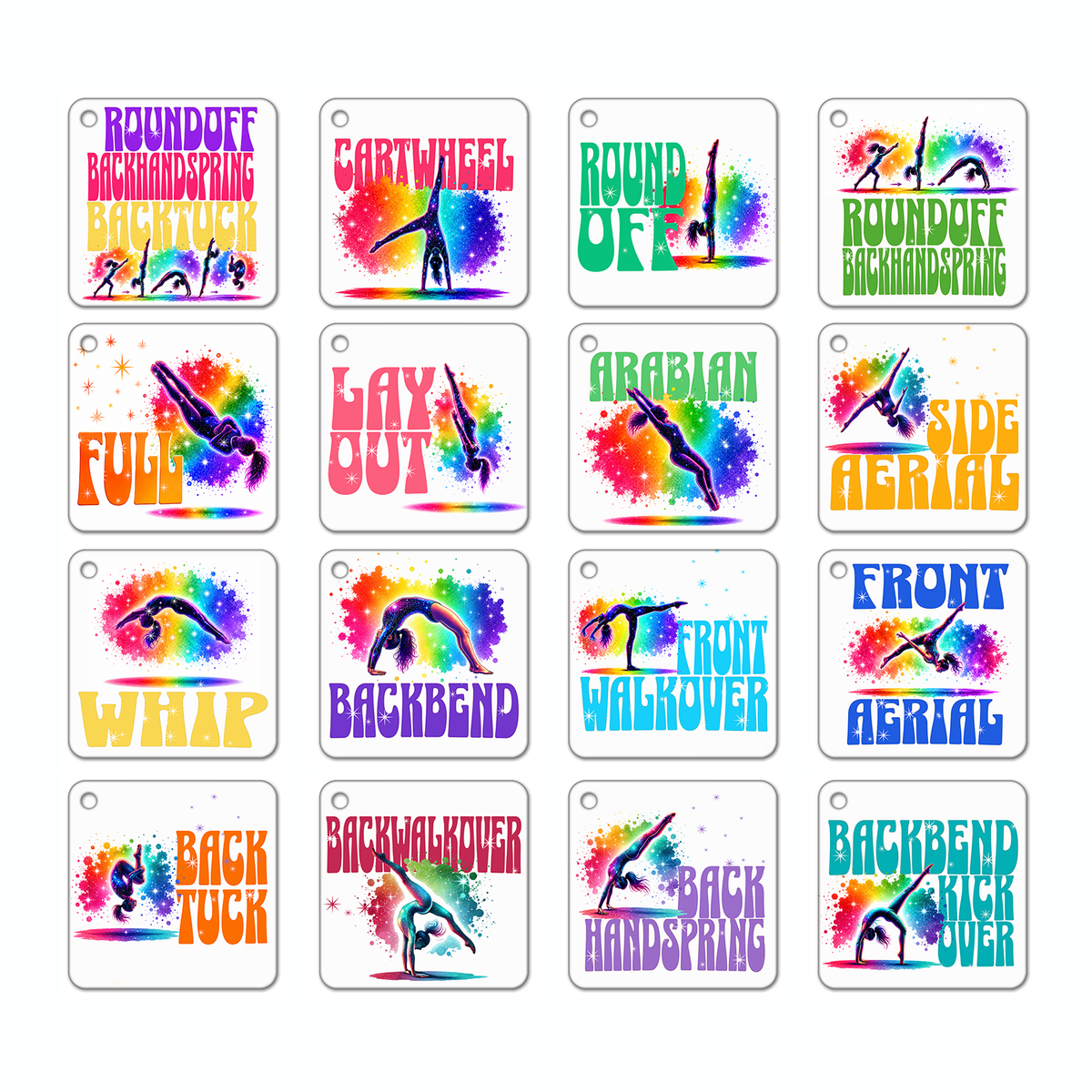 16-Piece Tumbling Tag Design Kit – 16 Unique Gymnastics Designs